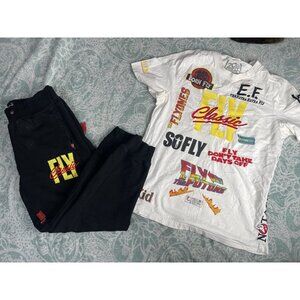 2-Piece Set Born‎ Fly Men's Embroidered Graphic Black/White Tee + Joggers Large